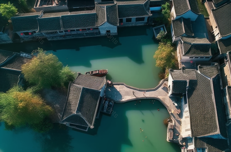 航拍江南水乡清晨的乌镇西栅,高清,摄影图,摄影图片,图片大全,摄影图免费下载